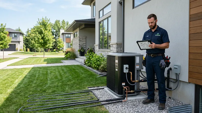 HVAC contractor reviewing geothermal system design plans on a construction site