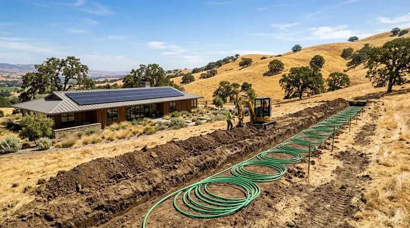 Geothermal ground loop installation on a California property with rolling golden hills and oak trees in the background