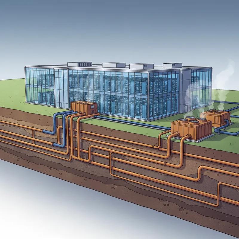 Commercial data center building with large-scale geothermal ground loop cooling system in cross-section