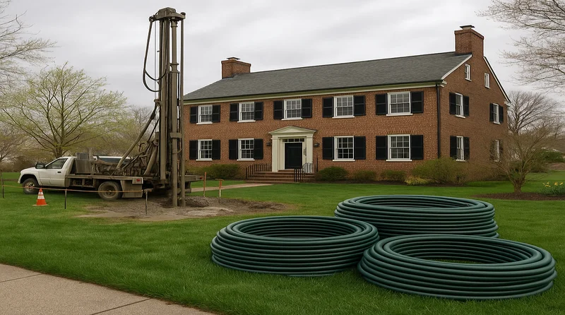 Geothermal drilling rig next to a Delaware colonial home with HDPE loop pipes in the foreground