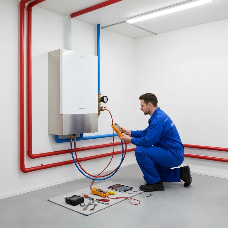 Technician performing annual maintenance on a geothermal heat pump unit with diagnostic tools
