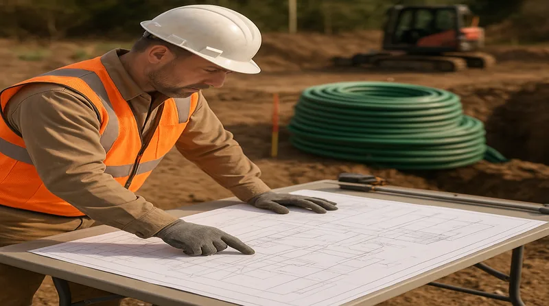 HVAC contractor reviewing geothermal ground loop design drawings with bore field layout and HDPE pipe manifolds on a job site