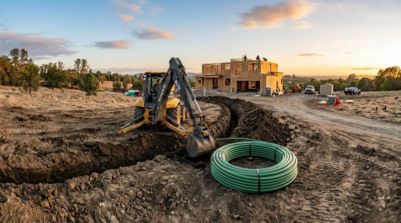 New home under construction with geothermal ground loop trenches being dug in the front yard before foundation work