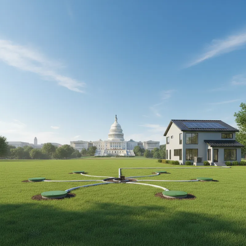 U.S. Capitol building with residential geothermal bore field representing federal energy tax credit policy