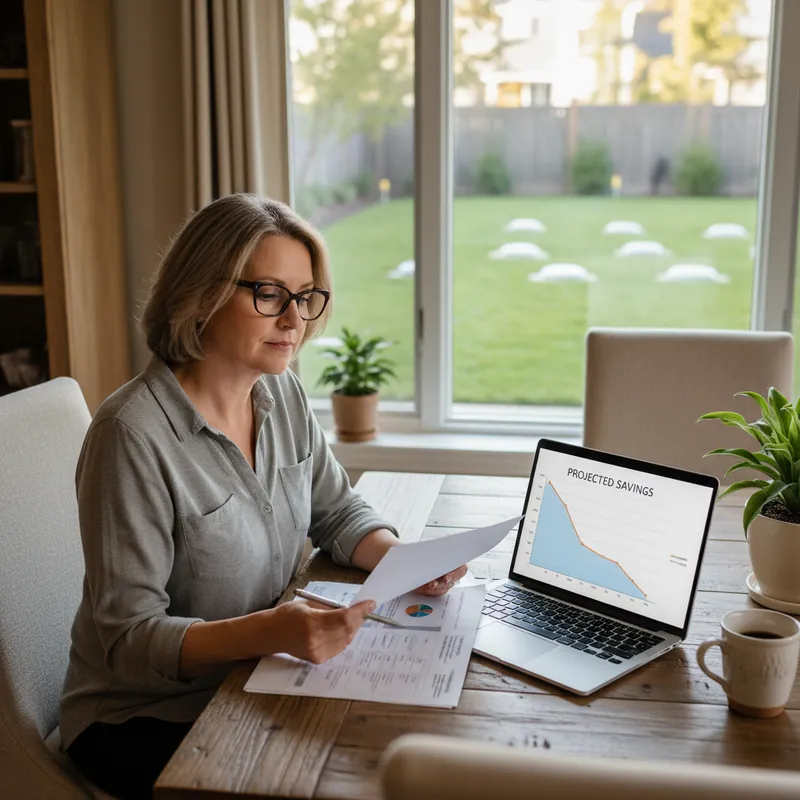 Homeowner reviewing geothermal investment savings with bore field visible through window