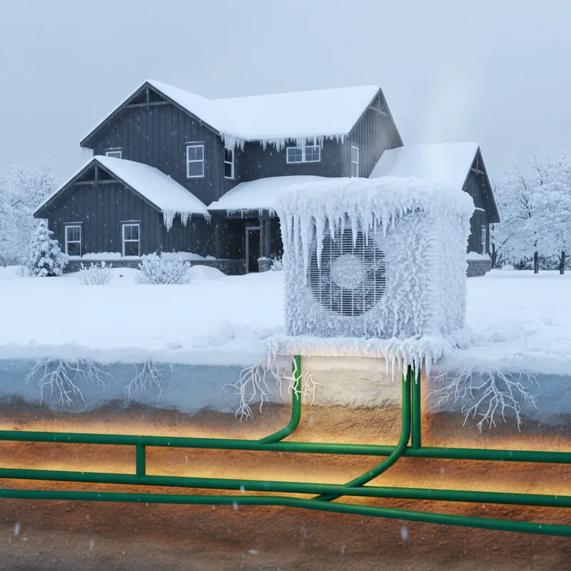 Frozen air-source heat pump struggling in winter cold while underground geothermal pipes operate normally
