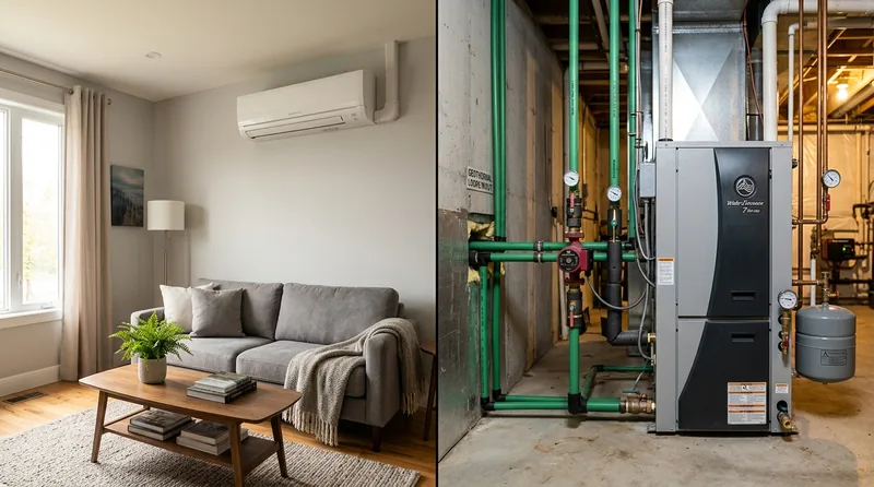 Side-by-side comparison showing a ductless mini-split indoor unit mounted on a wall next to a geothermal heat pump system with ground loop pipes