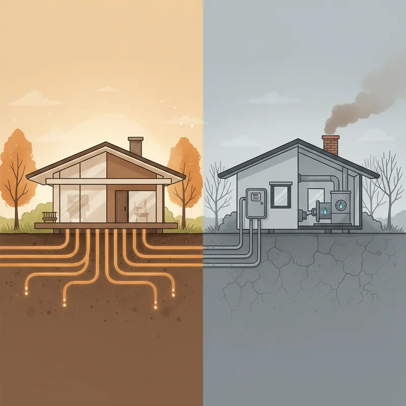 Clean geothermal ground loop system compared to natural gas pipeline and furnace with emissions