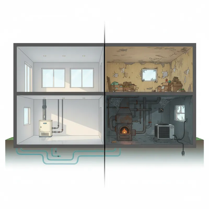 Split comparison of modern geothermal heating system versus outdated traditional HVAC furnace and AC unit