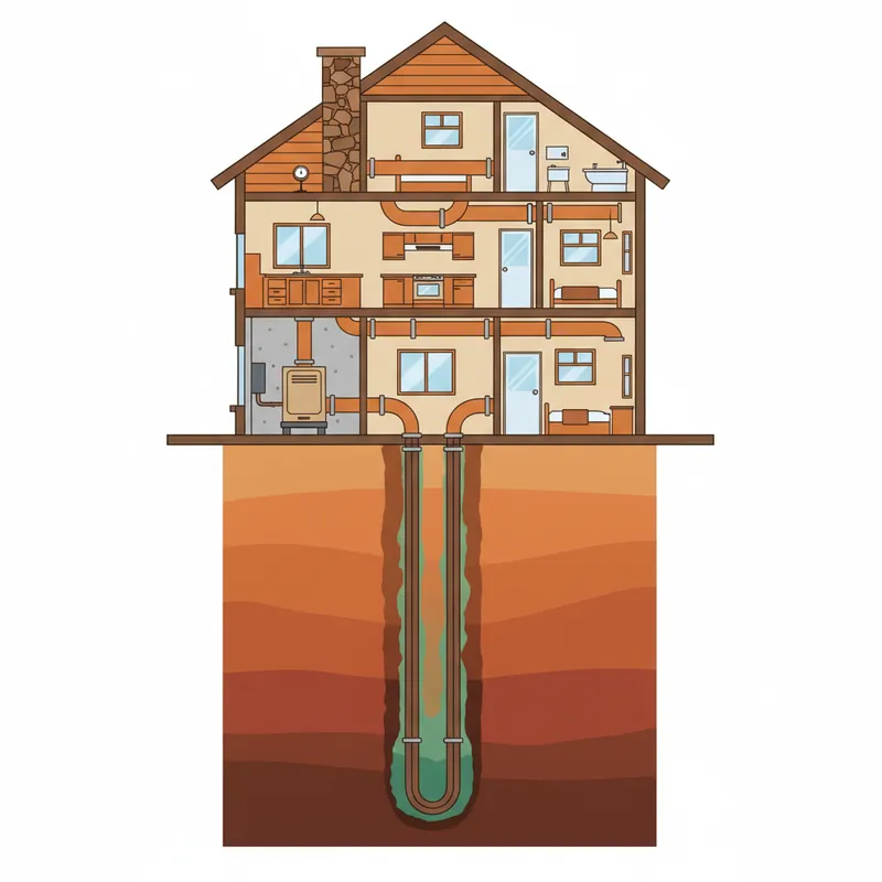 Cross-section diagram showing how a residential geothermal heat pump system works with underground loop pipes