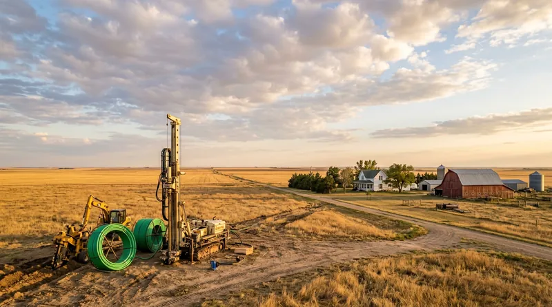 Geothermal ground loop installation on a Kansas prairie with drilling rig, green HDPE coils, and a white ranch house under big sky