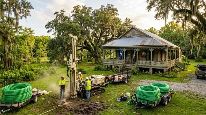 Geothermal drilling rig installing vertical loops next to a Louisiana Acadian-style home with live oaks and Spanish moss