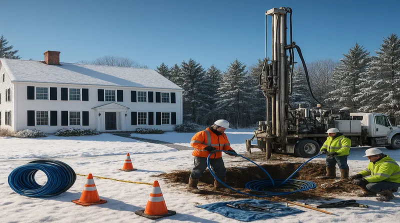 Geothermal heat pump installation in Maine winter landscape with snow-covered ground