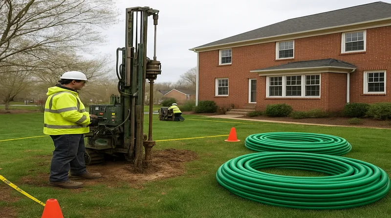 Geothermal heat pump installation in a Maryland suburban backyard with drilling rig and Chesapeake Bay area landscape