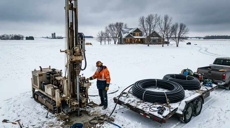 Minnesota farmhouse in winter with geothermal heat pump system, snow-covered landscape
