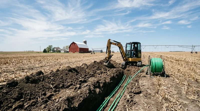 Geothermal horizontal ground loop trench on a Nebraska farm with red barn, center pivot irrigation, and corn stubble