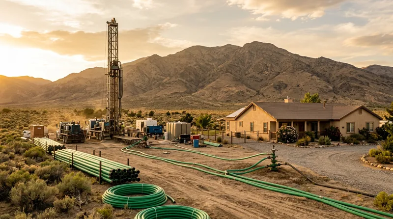 Geothermal ground loop installation in Nevada desert landscape with distant mountain range and clear blue sky