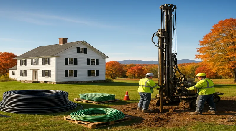 A New Hampshire colonial home in a wooded setting with a geothermal ground loop drilling rig on the property