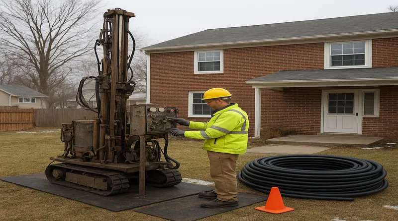 Suburban New Jersey neighborhood with a geothermal heat pump installation