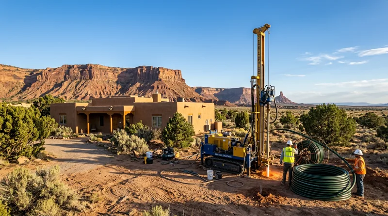 Adobe home in northern New Mexico with geothermal ground loop installation in the high desert landscape, Sangre de Cristo Mountains in the background