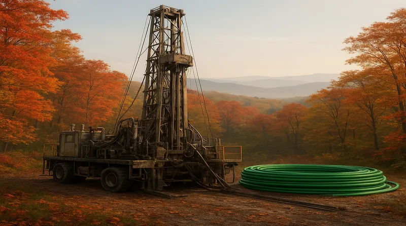 Geothermal drilling rig in the Blue Ridge Mountains foothills of western North Carolina