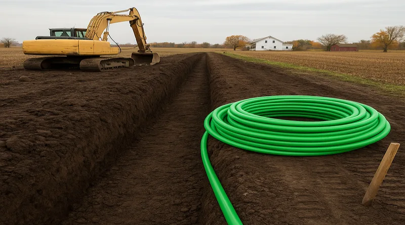 Geothermal horizontal loop trenching equipment in flat Ohio farmland with glacial till soil and a farmhouse in the background