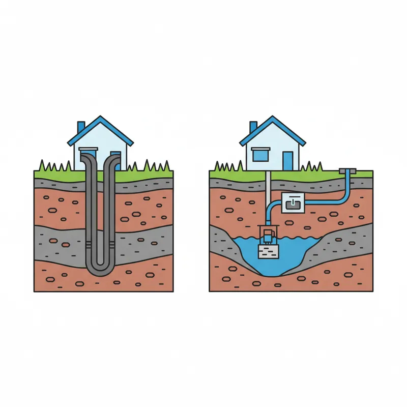 Side-by-side comparison of closed-loop and open-loop geothermal systems showing underground pipe configurations