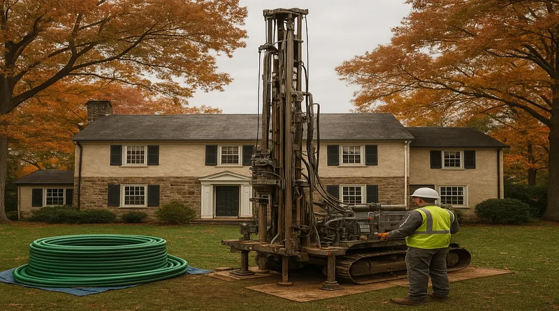 Geothermal heat pump installation in a Pennsylvania suburban backyard with vertical drilling rig and mature hardwood trees