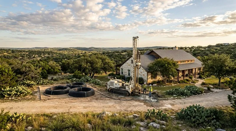Geothermal ground loop installation on a Texas Hill Country property with limestone terrain and a ranch house in the background