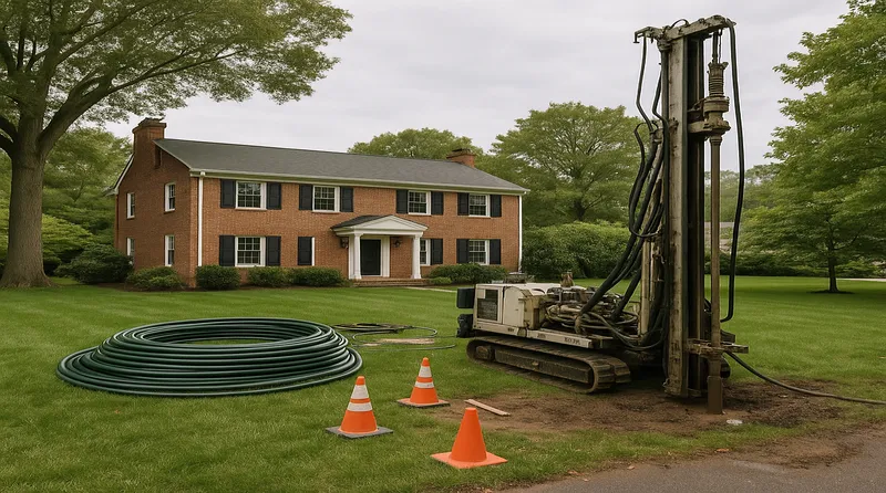 Ground-source heat pump installation in a Virginia suburban neighborhood with HDPE loop pipes and drilling rig