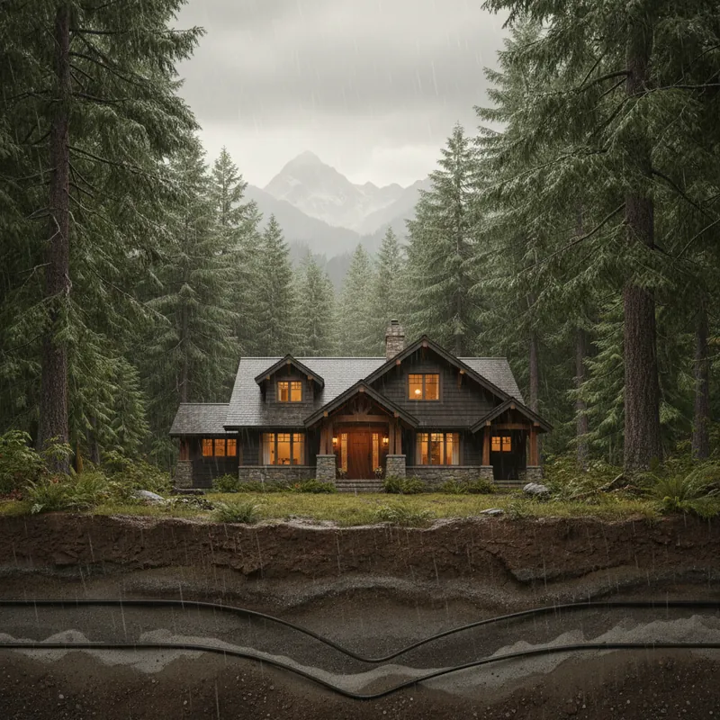 Pacific Northwest home in Washington state with geothermal heat pump installation in glacial soil