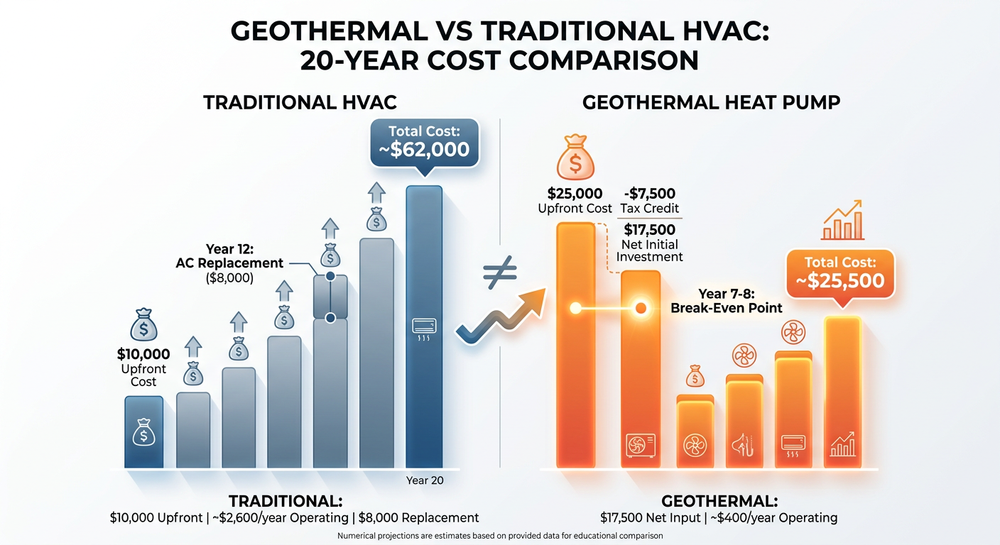 Infographic comparing total cost of ownership over 20 years: Traditional HVAC ~$36,000 vs Geothermal ~$30,500