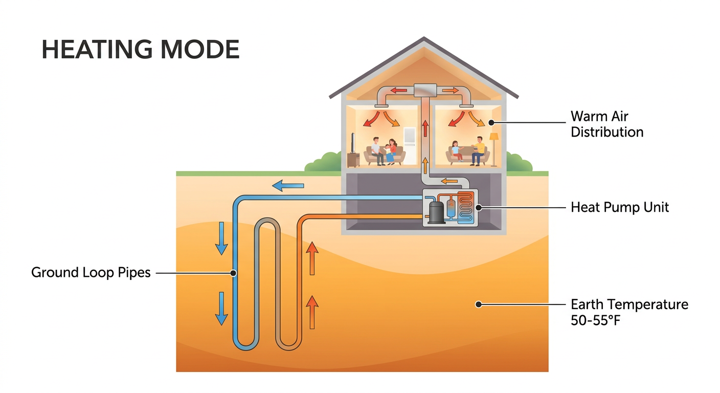 Diagram showing how a geothermal heat pump works in heating mode — ground loop pipes absorb heat from underground and deliver it to the house through a heat pump unit and ductwork