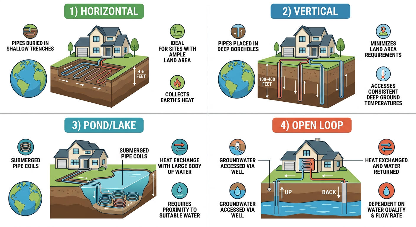 Comparison diagram of four types of geothermal ground loop systems: horizontal, vertical, pond/lake, and open loop